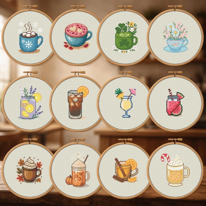12 Months of Drinks Bundle – January–December Beverages cross-stitch pattern preview