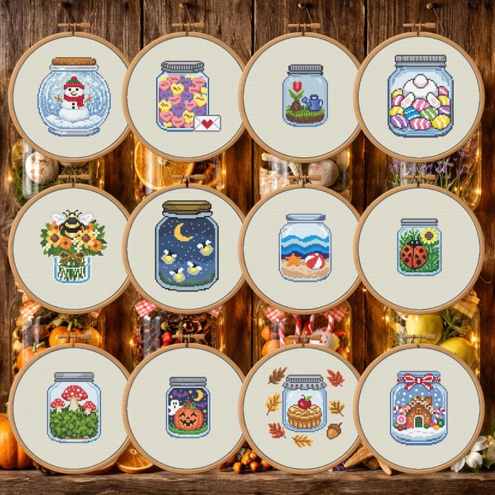 12 Months of Mason Jars Bundle – Seasonal Jars cross-stitch pattern preview