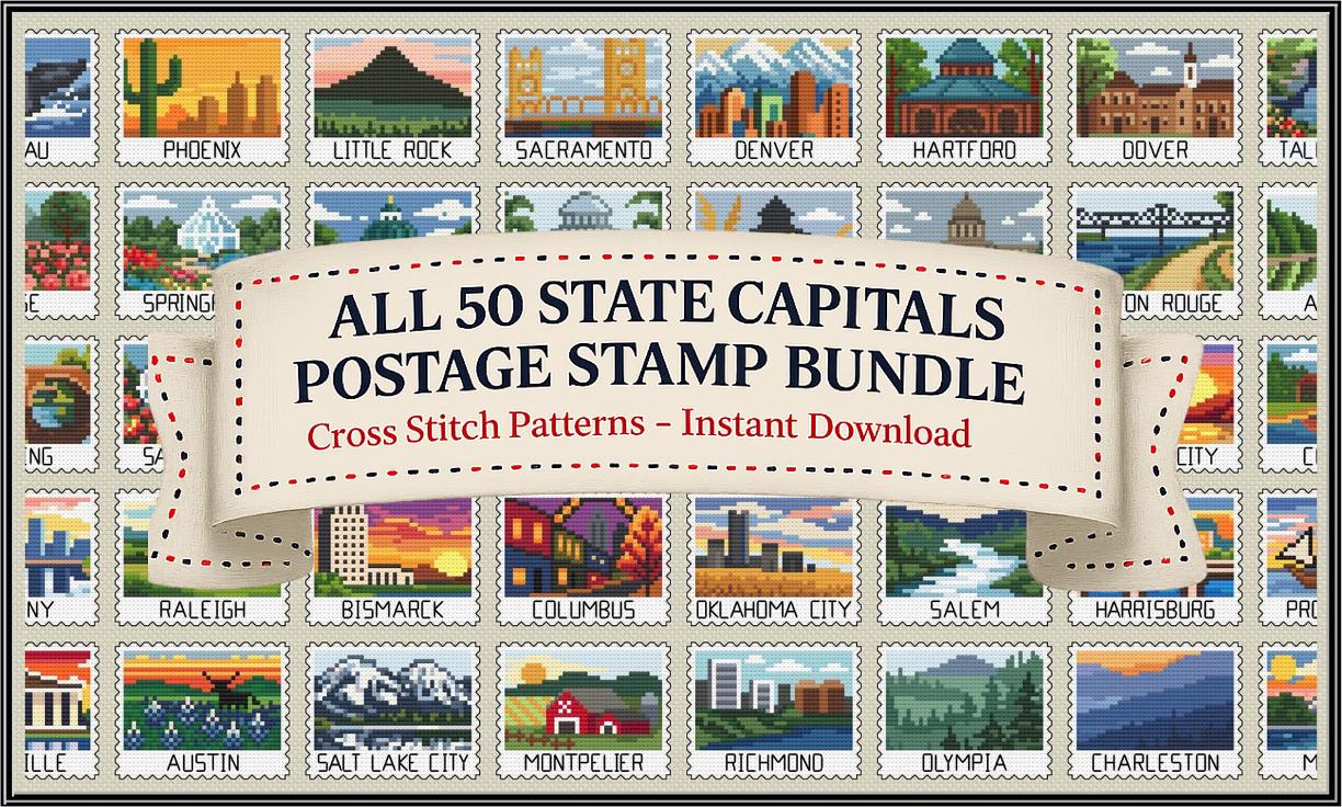 50 State Capital Postage Stamp Cross Stitch Pattern Bundle: Stitch the USA Capitals! cross-stitch pattern preview