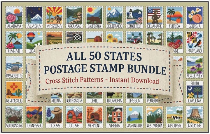 50 State Postage Stamp Bundle: Stitch the USA! cross-stitch pattern preview