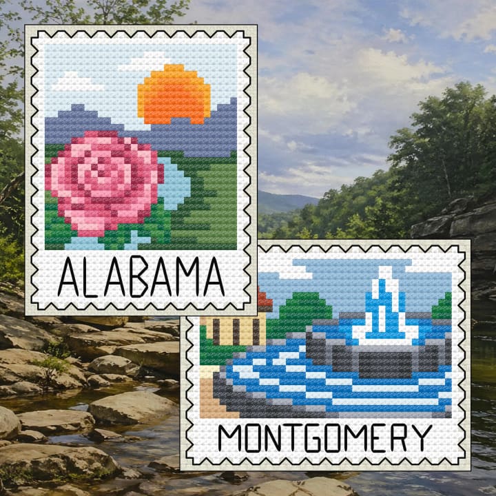 Alabama Bundle: Alabama Camellia Landscape + Montgomery Fountain City Set cross-stitch pattern preview