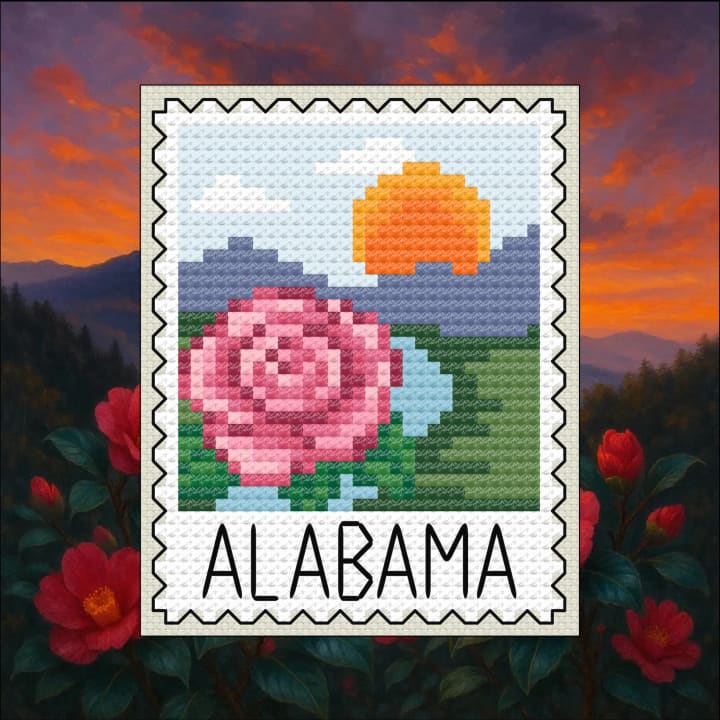 Alabama Camellia Stamp: Vintage Southern Design cross-stitch pattern preview