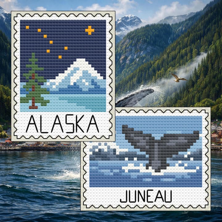 Alaska Bundle: Mountain Night + Juneau Whale Tail Stamp Set cross-stitch pattern preview