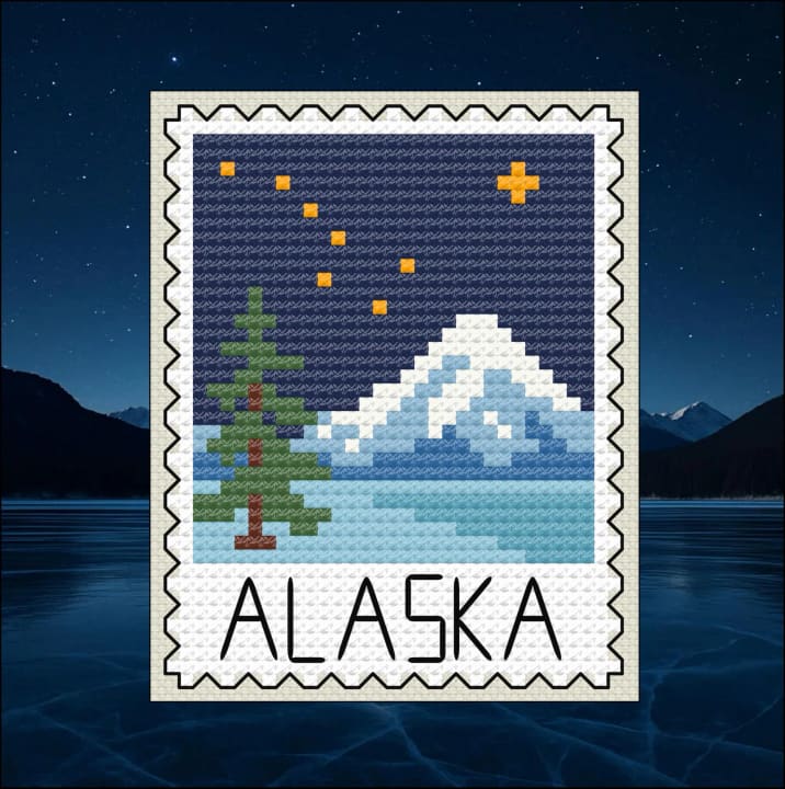 Alaska Mountain Night: US State Stamp Series cross-stitch pattern preview