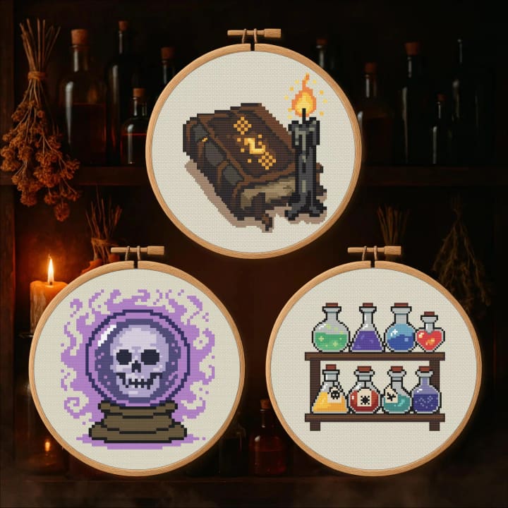 Alchemist Starter Kit Bundle: Spellbook, Potion Rack, Crystal Ball cross-stitch pattern preview