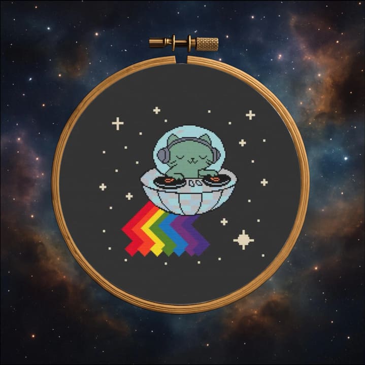 Alien Cat DJ – Summer cross-stitch pattern preview