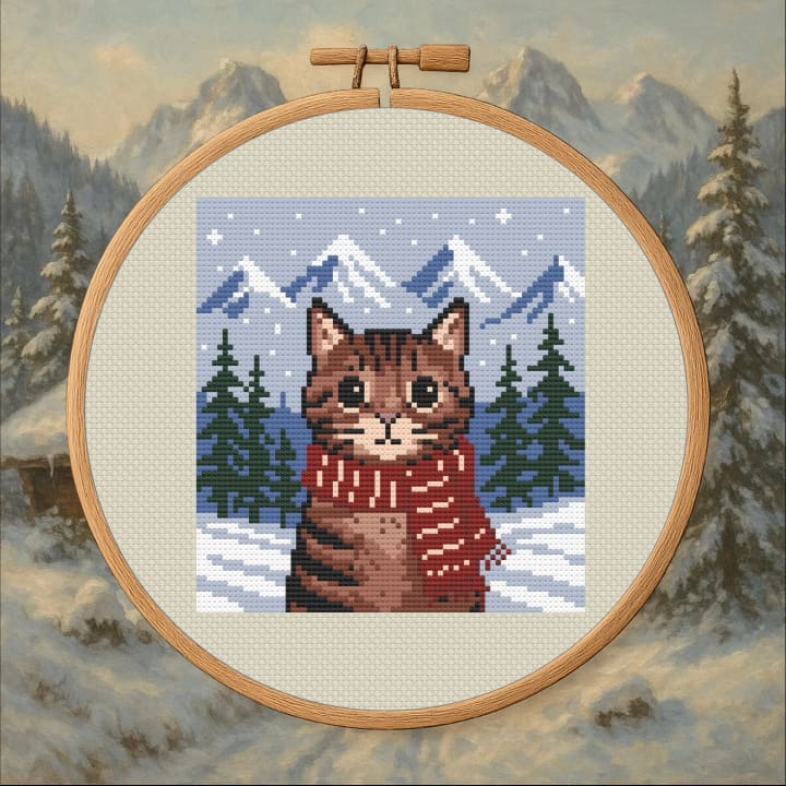Alpine Feline – Winter Cat cross-stitch pattern preview