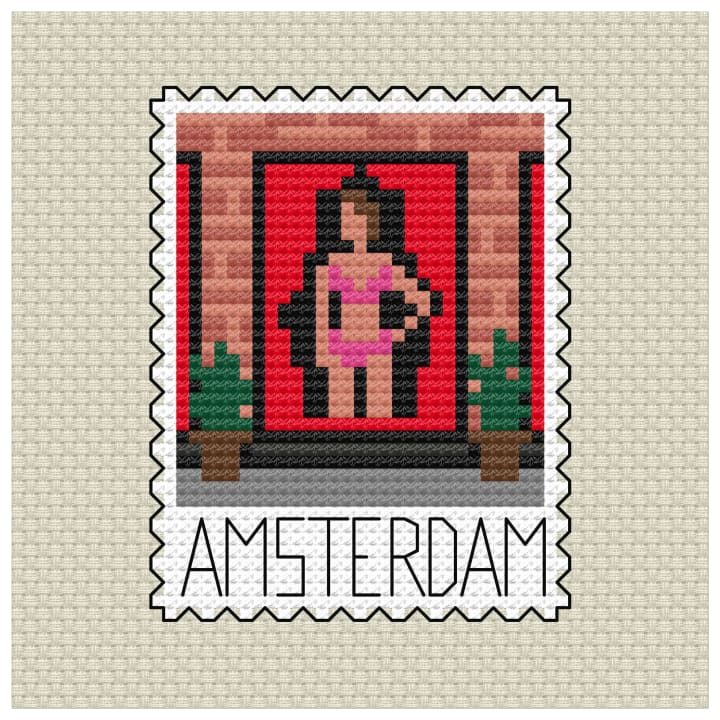 Amsterdam Nights – Red Light District – European Stamp Series cross-stitch pattern preview