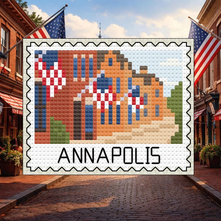 Annapolis Maryland Flag Stamp - Maryland State Capitol cross-stitch pattern preview