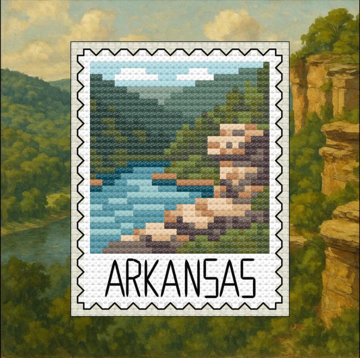 Arkansas: Ozark Mountain Landscape Postage Stamp cross-stitch pattern preview