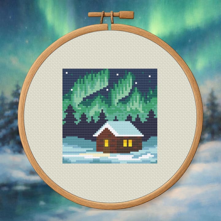 Aurora Borealis Hideaway – Northern Lights Cabin cross-stitch pattern preview