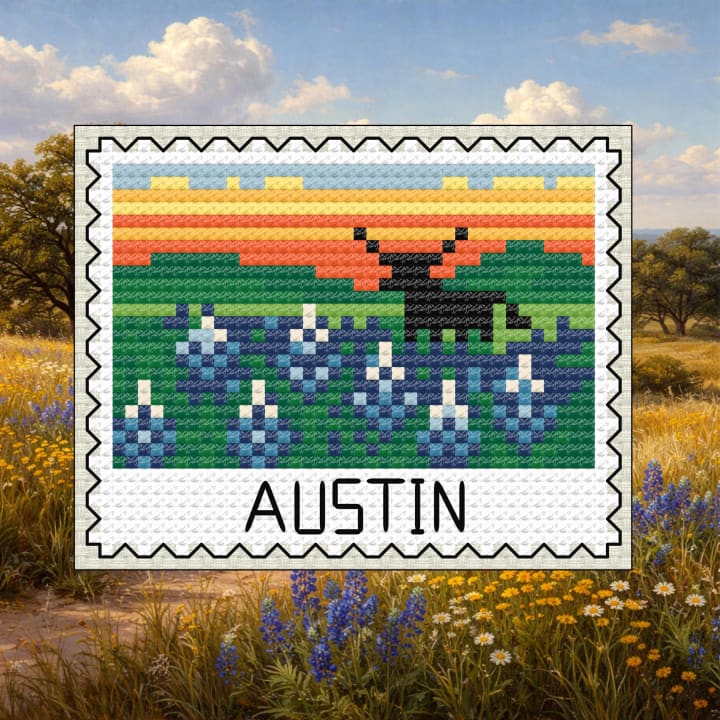 Austin Bluebonnet Longhorn Stamp - Texas cross-stitch pattern preview