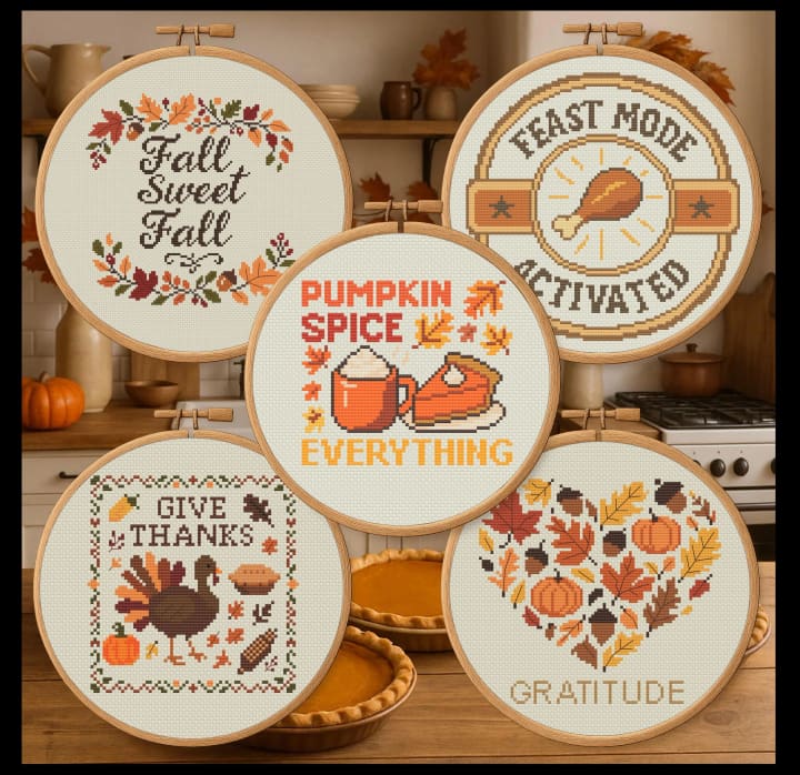 Autumn Blessings 5-Pack – Fall & Thanksgiving Bundle cross-stitch pattern preview