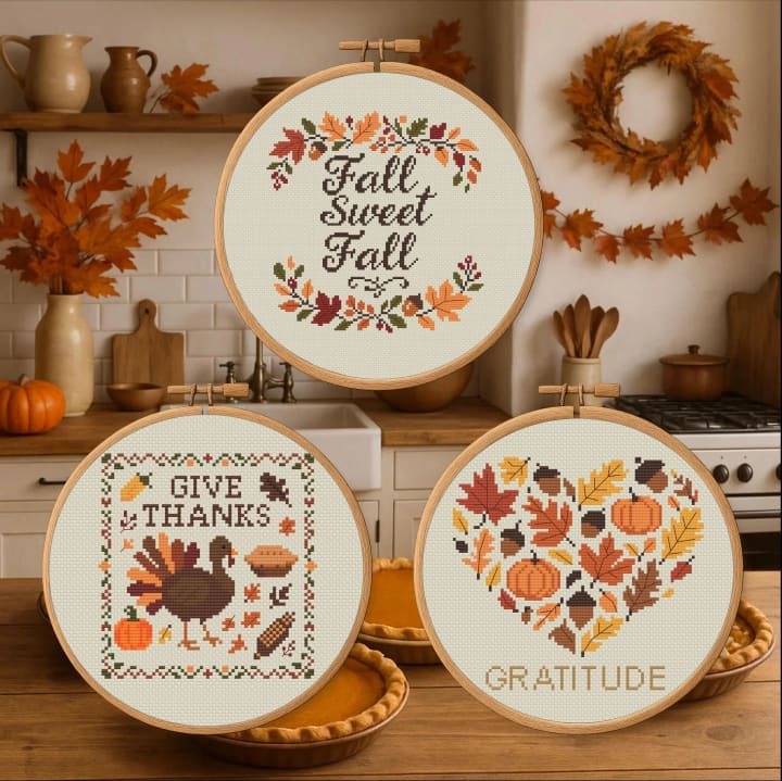 Autumn Blessings Trio – Fall Quote Bundle cross-stitch pattern preview