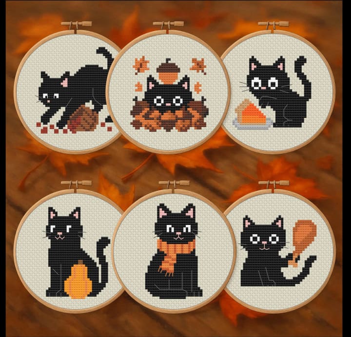 Autumn Cats Stitch Collection – 6s – Fall Bundle cross-stitch pattern preview
