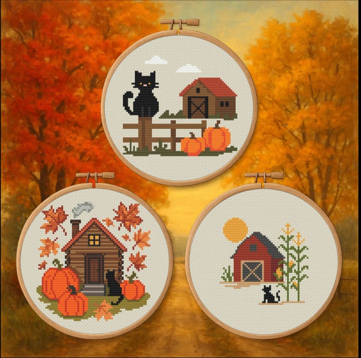 Autumn Cats Trio: Barn, Cottage, and Pumpkins Cats cross-stitch pattern preview