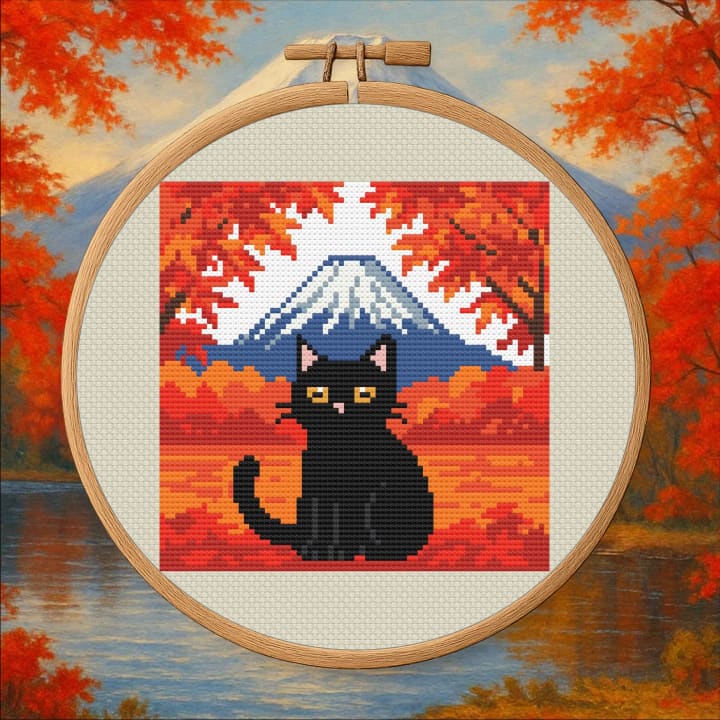 Autumn Fuji Cat – Japanese Fall cross-stitch pattern preview