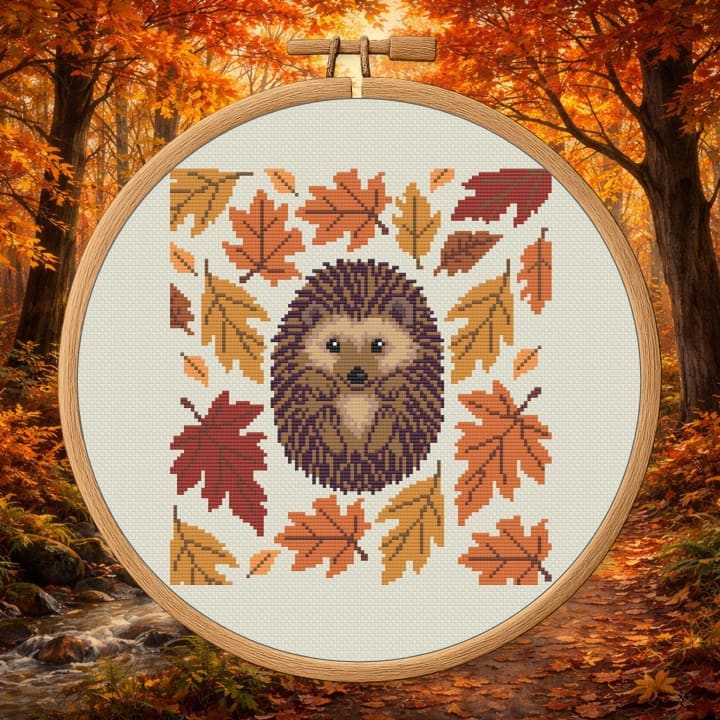 Autumn Hedgehog – Fall Leaves Hedgehog cross-stitch pattern preview