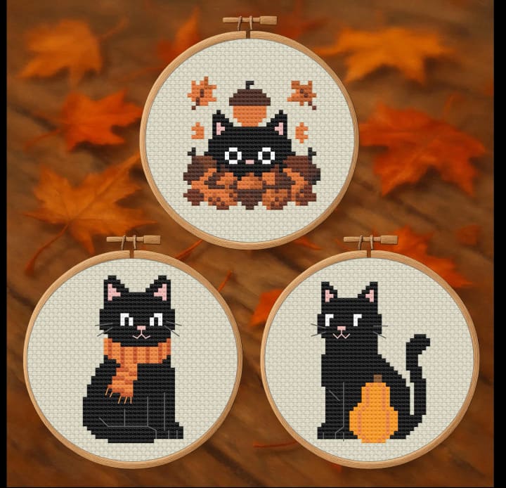 Autumn Stitch Trio – 3 Patterns – Fall Cats Bundle cross-stitch pattern preview