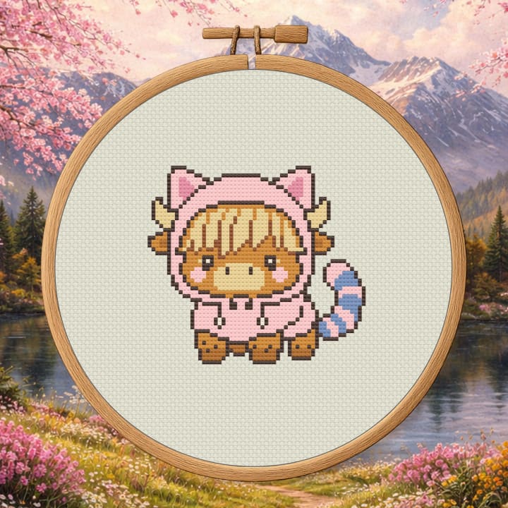 Baby Highland Kitty – Cute Highland Cow in Cat Costume cross-stitch pattern preview