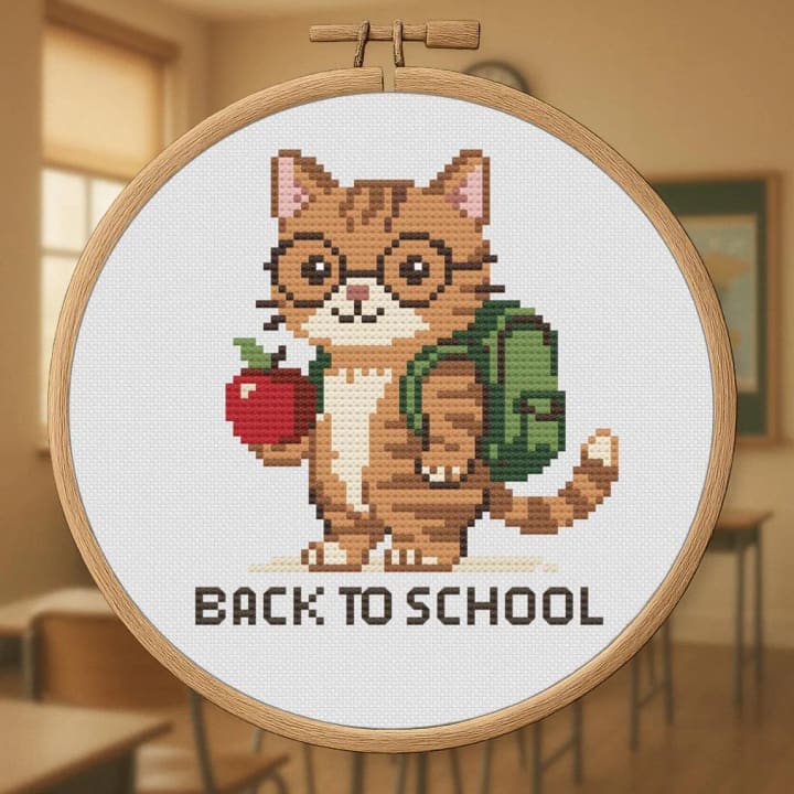 Back to School Cat cross-stitch pattern preview