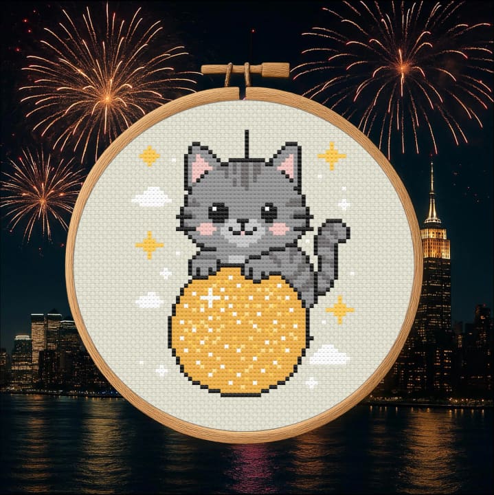 Ball Drop Cat – New Year’s Eve cross-stitch pattern preview