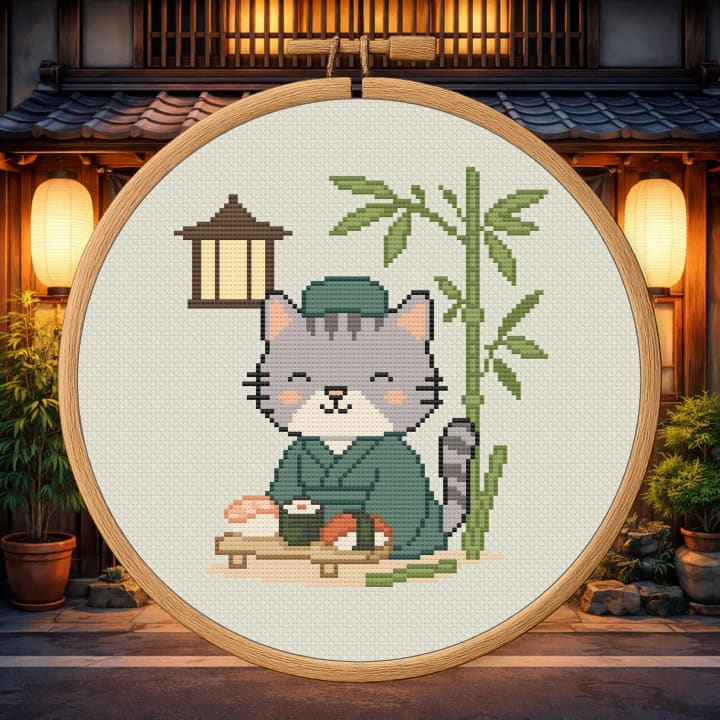 Bamboo Sushi Cat – Kawaii Foodie Kitty cross-stitch pattern preview