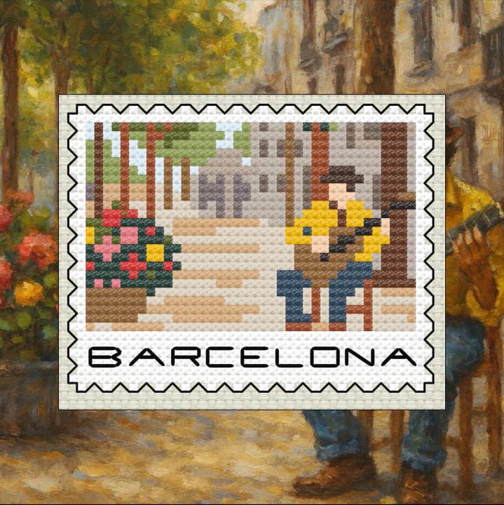 Barcelona Musician Stamp cross-stitch pattern preview