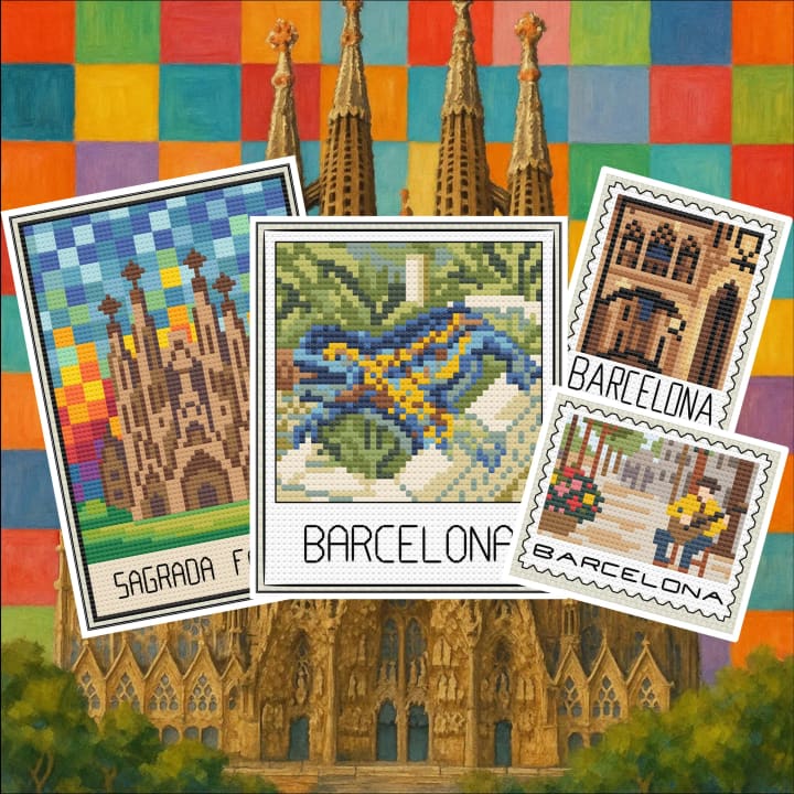 Barcelona Travels: Gothic, Musician, Iguana, Sagrada Familia cross-stitch pattern preview