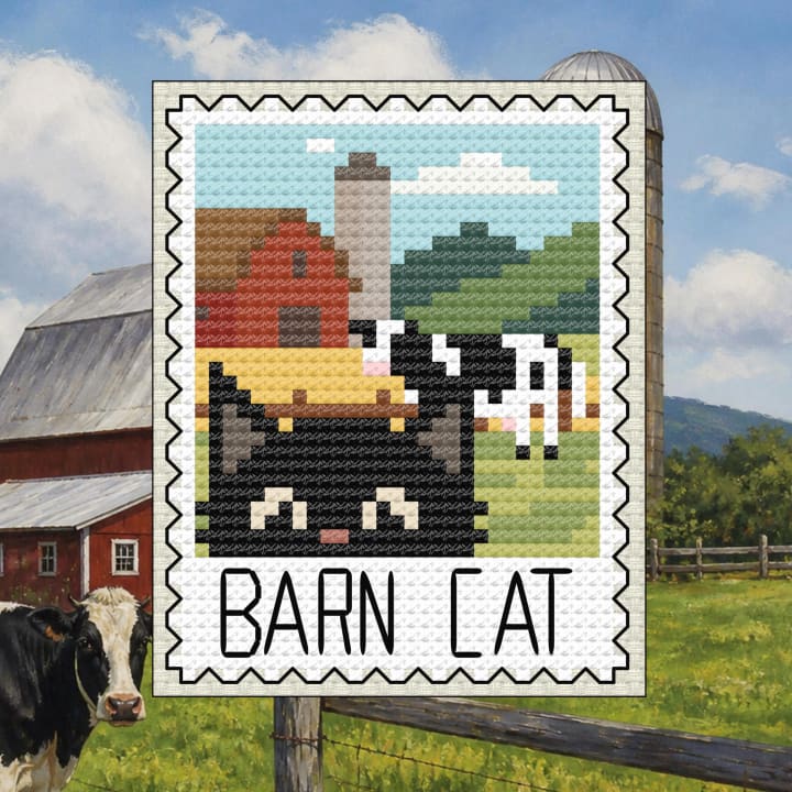 Barn Cat: Rural Farm Postage Stamp cross-stitch pattern preview