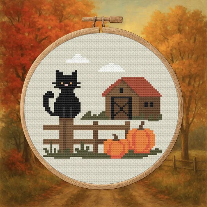 Barn with Pumpkins – Fall cross-stitch pattern preview