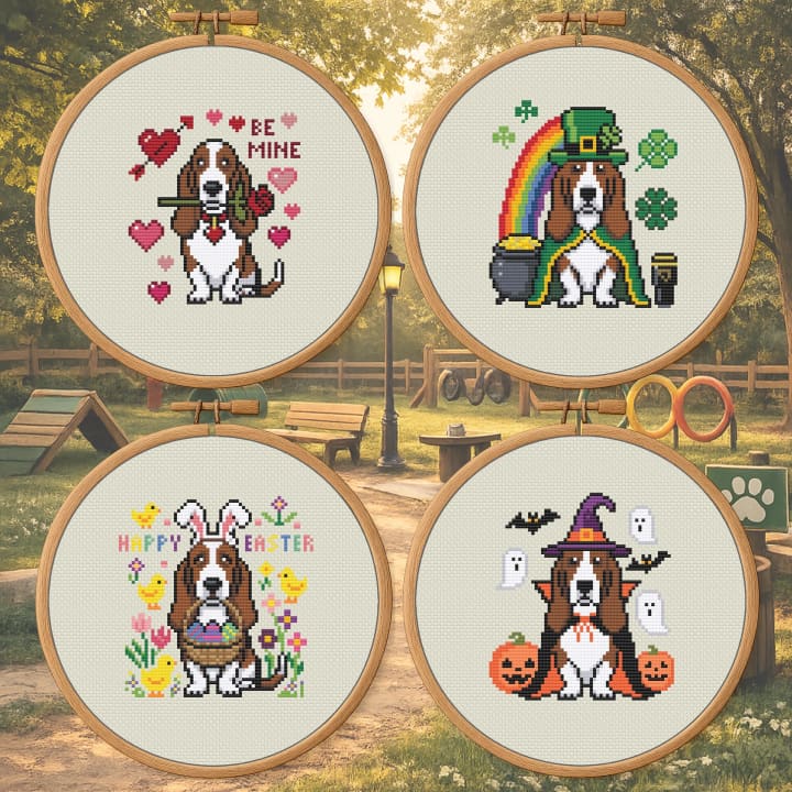 Basset Hound Holiday Bundle – 4 Seasonal Bassets cross-stitch pattern preview