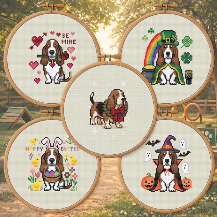 Basset Hound Holiday Bundle – Valentine, St. Patrick’s, Easter, Halloween & Christmas cross-stitch pattern preview