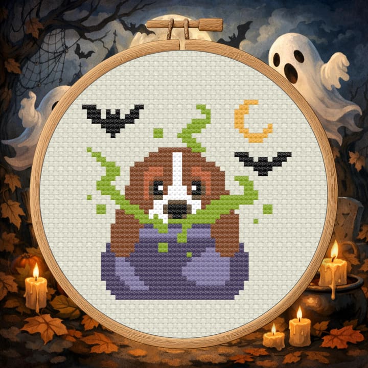 Basset in a Cauldron – Halloween Dog cross-stitch pattern preview