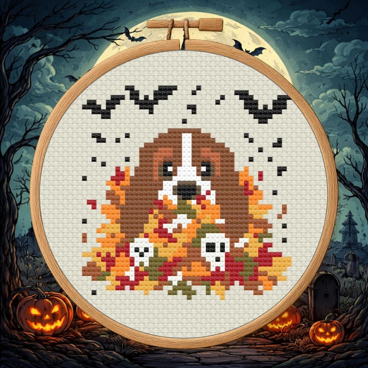 Basset in a Creepy Leaf Pile – Halloween Dog cross-stitch pattern preview