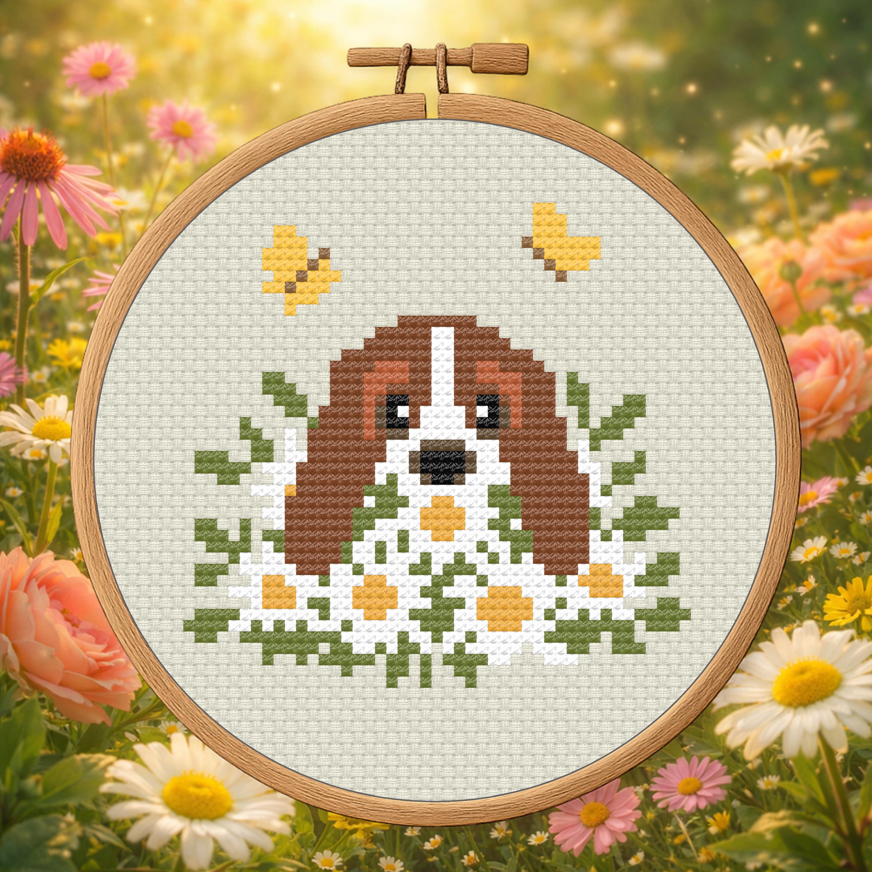 Basset in a Daisy Pile – Spring Dog cross-stitch pattern preview