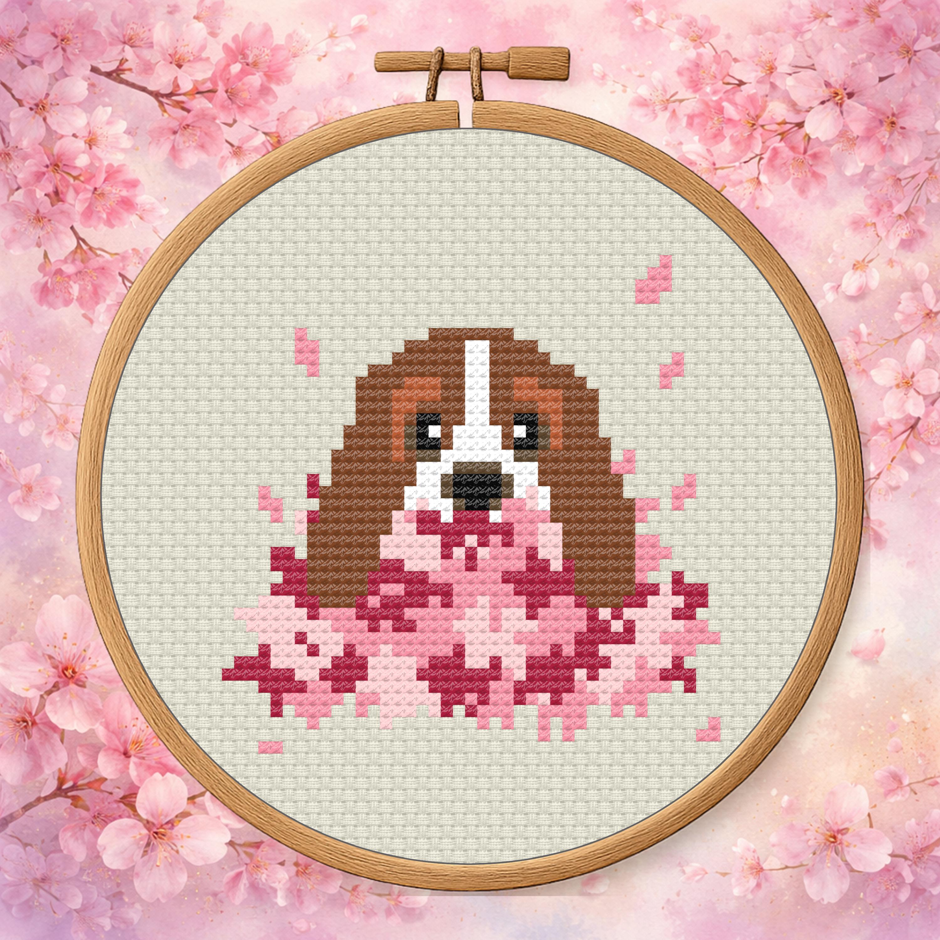 Basset in a Sakura Pile – Cherry Blossom Dog cross-stitch pattern preview