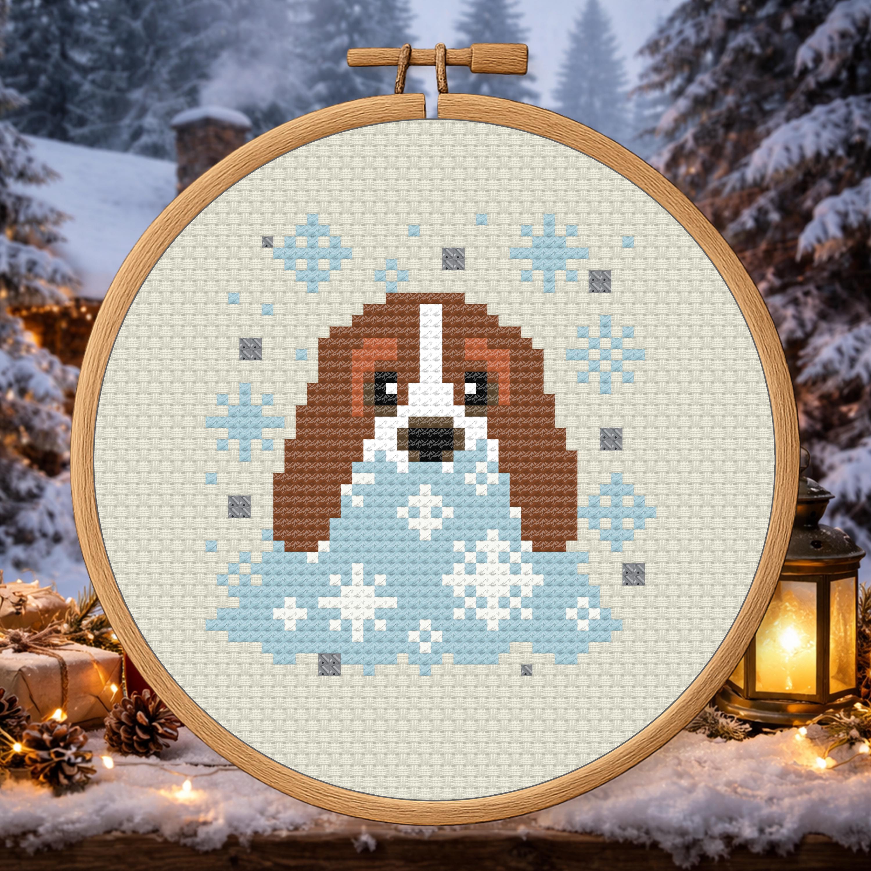 Basset in a Snow Pile – Winter Dog cross-stitch pattern preview