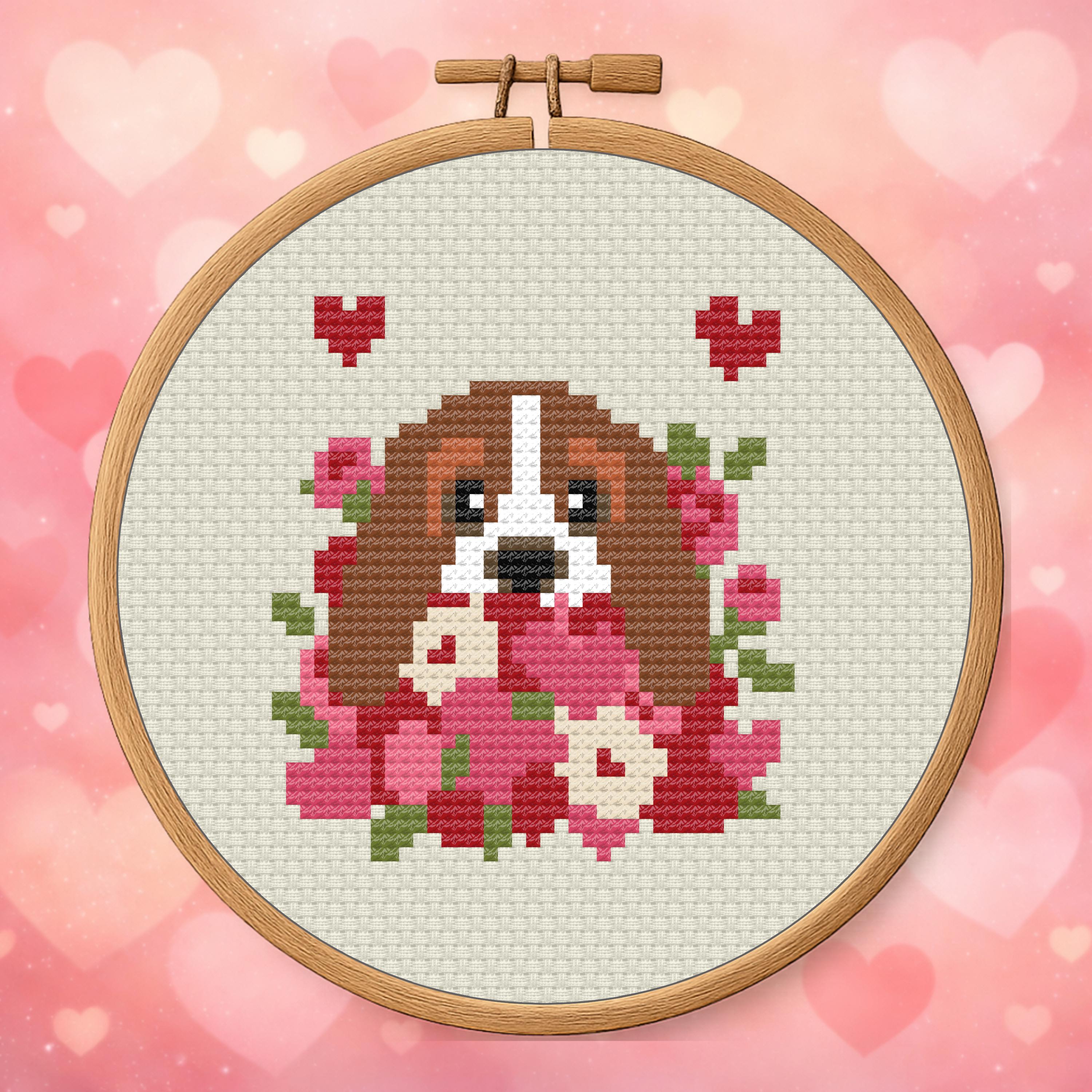 Basset in a Valentines Pile – Valentine Dog cross-stitch pattern preview