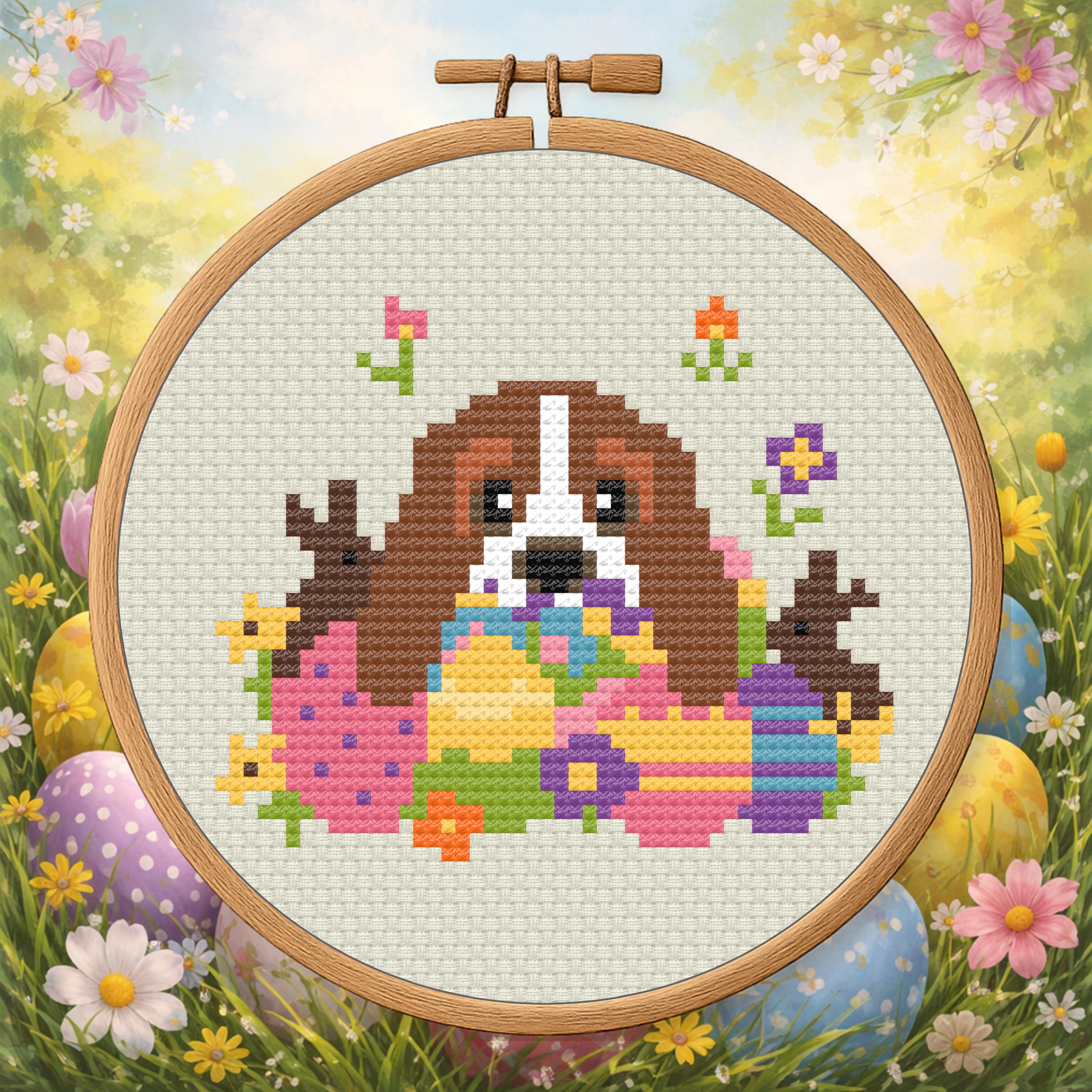 Basset in an Easter Pile – Spring Dog cross-stitch pattern preview