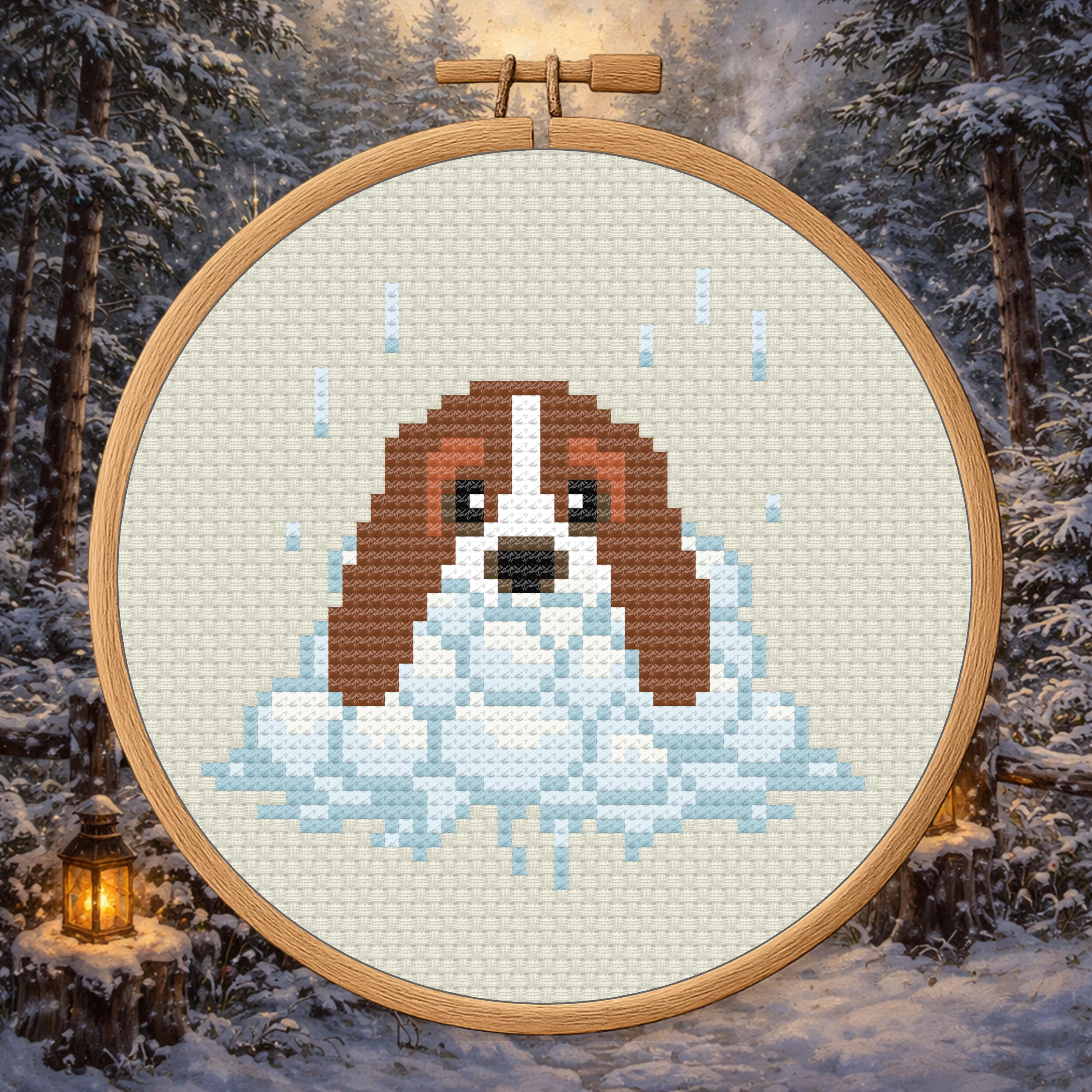 Basset in Snowballs – Winter Dog cross-stitch pattern preview