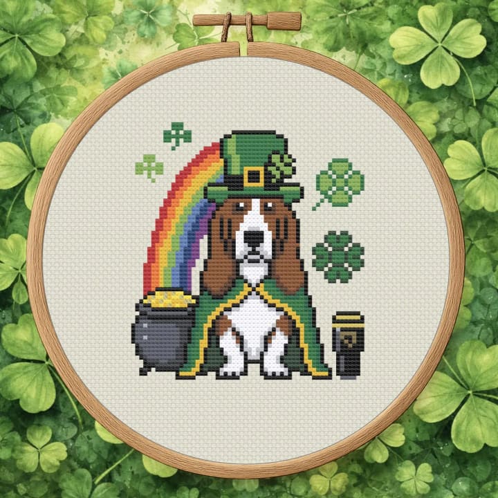 Basset O’Luck – St. Patrick’s Day Basset Hound cross-stitch pattern preview