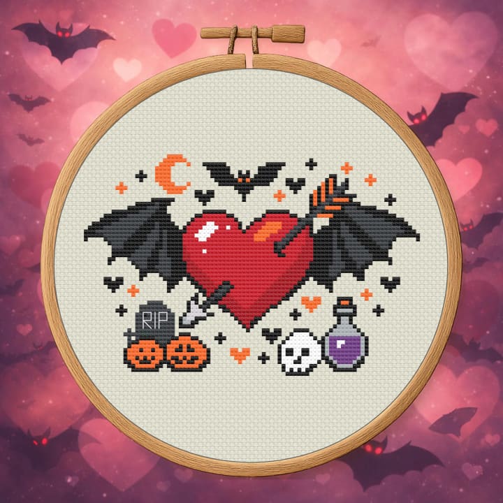Bat-Winged Valentine – Spooky Heart cross-stitch pattern preview