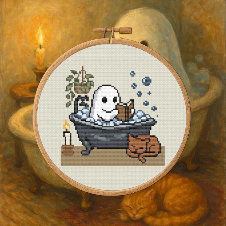 Bathtime Book Club – Ghost – Halloween cross-stitch pattern preview