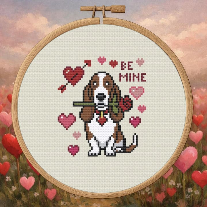Be Mine Basset Hound – Valentine Dog cross-stitch pattern preview