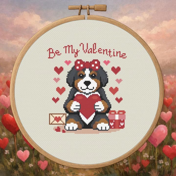 Be My Valentine Bernedoodle – Valentine Dog cross-stitch pattern preview