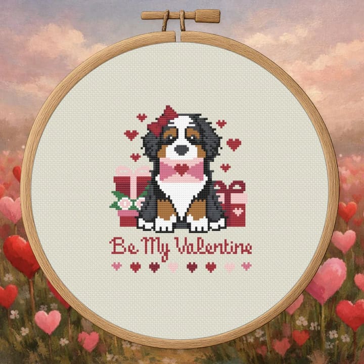 Bernedoodle Love Notes – Be My Valentine cross-stitch pattern preview