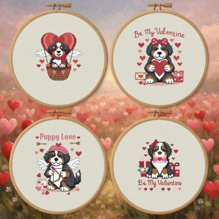 Bernedoodle Valentine Bundle – 4s – Puppy Love + Cupid Pup + Love Notes + Be My Valentine cross-stitch pattern preview