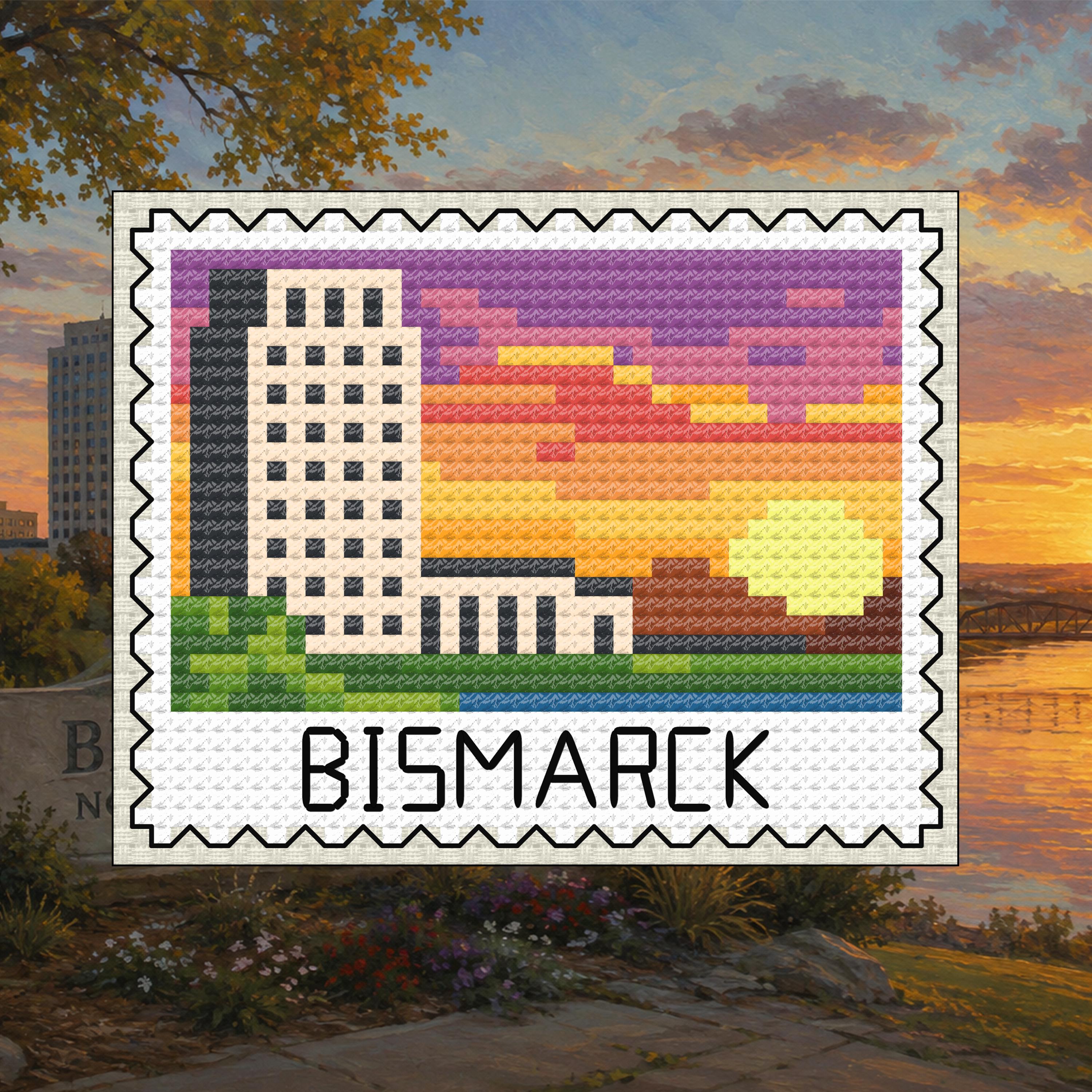 Bismarck Stamp - North Dakota Sunset Landmark cross-stitch pattern preview