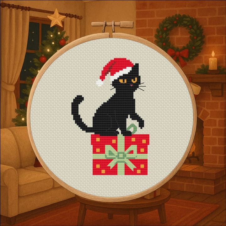 Black Cat Christmas: Santa's Helper cross-stitch pattern preview
